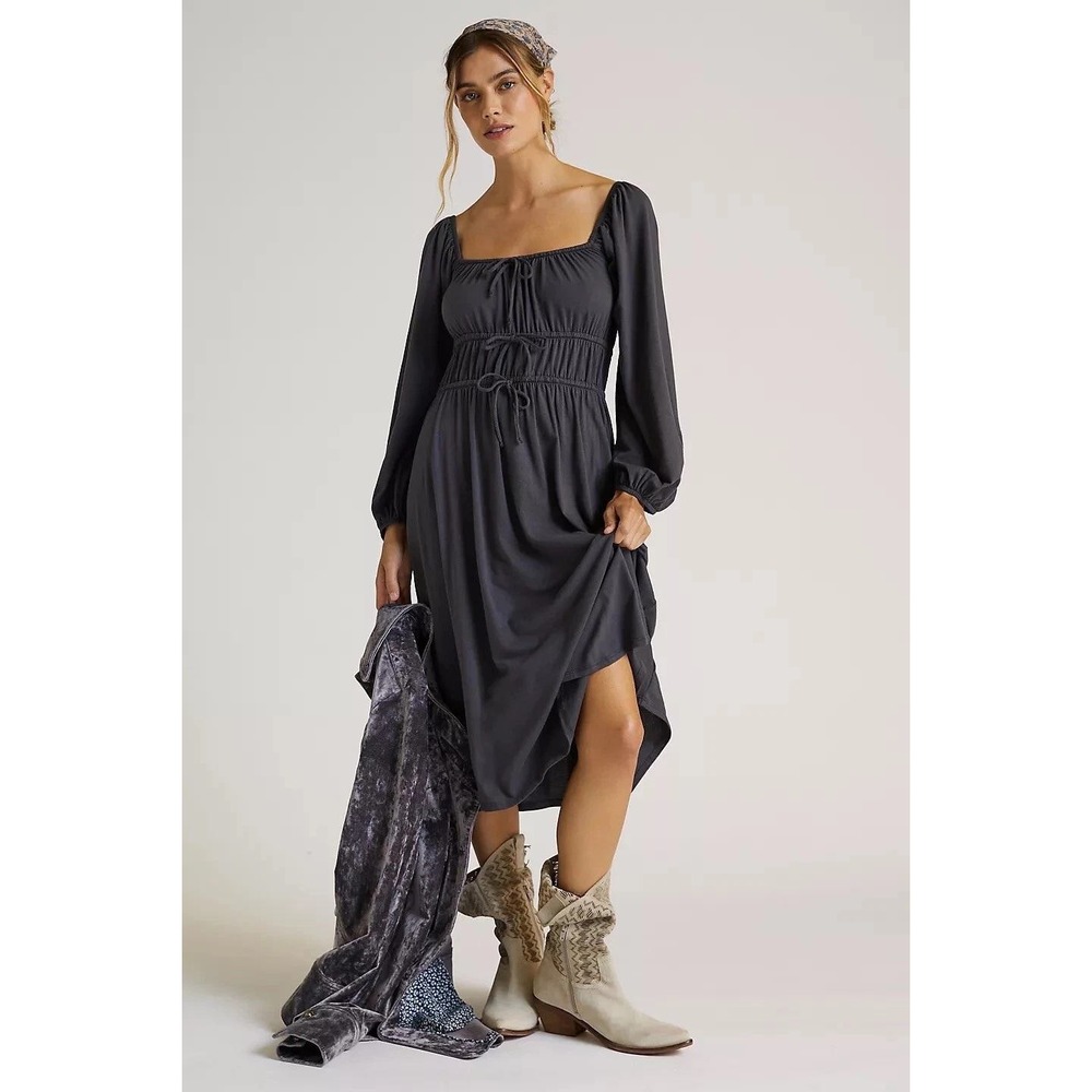 Anthropologie LACAUSA South Filly Goods Carbon Corseted Smocked Midi Dress L NWT
